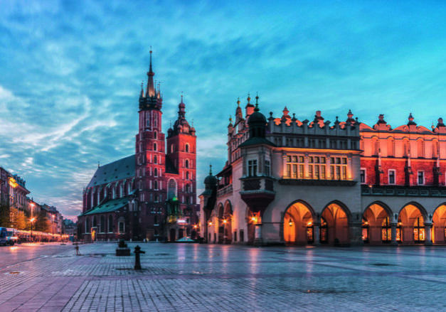 St Mary's church and Cloth Hall on Main Market Square in Krakow,