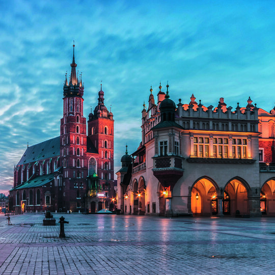 St Mary's church and Cloth Hall on Main Market Square in Krakow,